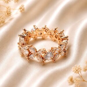 Rose Gold Plated Imitation Diamond Floral Design Anniversary Band Ring Size 7.5
